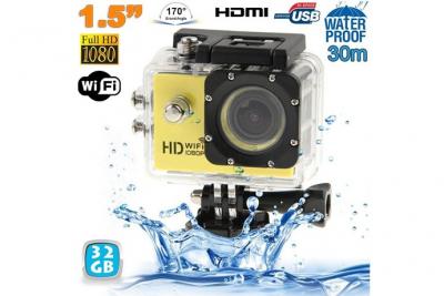 YONIS Cam&eacute;ra Wifi Sport Embarqu&eacute;e Plong&eacute;e Caisson Cam&eacute;scope Full HD 1080P Jaune 32 Go 