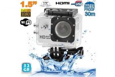 YONIS Cam&eacute;ra Wifi Sport Embarqu&eacute;e Plong&eacute;e Caisson Cam&eacute;scope Full HD 1080P Argent 32 Go -
