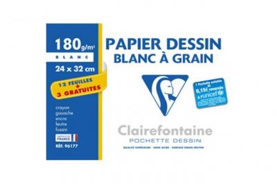 CLAIREFONTAINE Pochette 15 feuilles de papier dessin  Blanc &agrave; grain