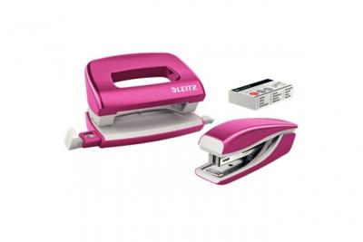 LEITZ  lot d'agrafeuse et perforatrice Mini Nexxt, rose m&eacute;tal