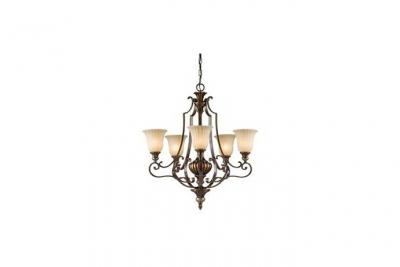 FEISS Suspension Kelham, haut, bronze dor&eacute; et verre Scavo, 5 ampoules
