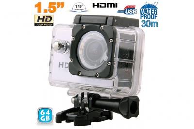 YONIS Mini cam&eacute;ra sport hd 720p &eacute;tanche 30m 1.5' photos vid&eacute;o angle 140&deg; argent 64 go 
