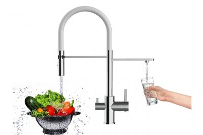 VIZIO Robinet de cuisine 3 voies chrom&eacute; bec blanc orientable, douche 2 jets d&eacute;tachable VZFL018101