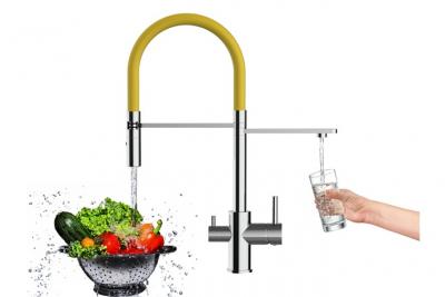 VIZIO Robinet de cuisine 3 voies chrom&eacute; bec jaune orientable, douche 2 jets d&eacute;tachable VZFL018105