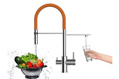 VIZIO Robinet de cuisine 3 voies chrom&eacute; bec orange orientable, douche 2 jets d&eacute;tachable VZFL018106