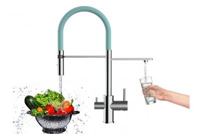 VIZIO Robinet de cuisine 3 voies chrom&eacute; bec turquoise orientable, douche 2 jets d&eacute;tachable VZFL018109