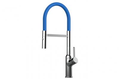 VIZIO Robinet De Cuisine Mitigeur Chrom&eacute; Bec Bleu Orientable Et Douchette 2 Jets D&eacute;tachable 