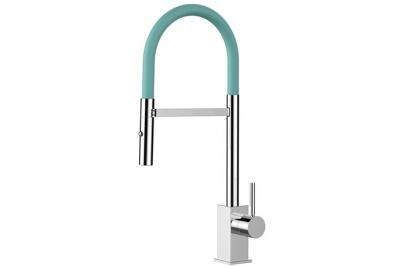 VIZIO Robinet De Cuisine Mitigeur Chrom&eacute; Bec Turquoise Orientable Et Douchette 2 Jets D&eacute;tachable 