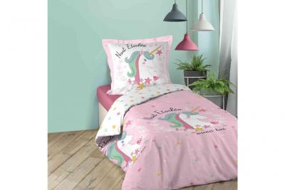 HOME MAISON Parure de couette fillette imprim&eacute;e licorne Rose 140 x 200 cm 
