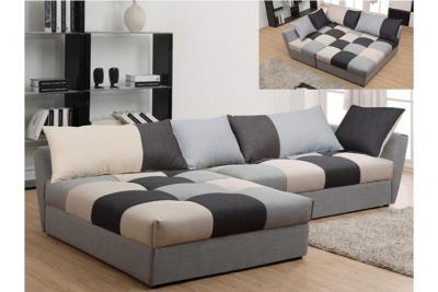 VENTE UNIQUE Canap&eacute; d'angle convertible en tissu ROMANE - Gris - Angle gauche 