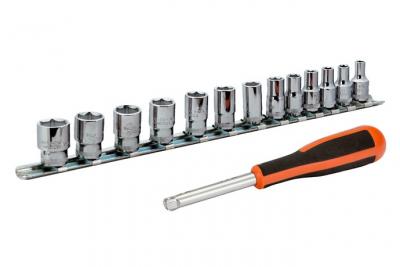 BAHCO  - Jeu de douilles 1/4 6 pans sur support rail et rallonge avec manche, 13 pi&egrave;ces - 6729SM