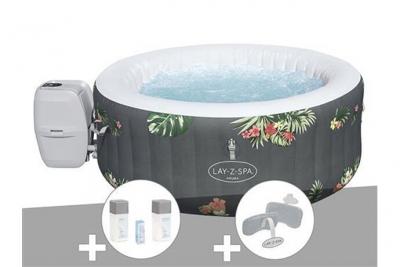 BESTWAY Kit spa gonflable Lay-Z-Spa Aruba rond Airjet 2/3 places + Kit traitement brome + 2 appuie-t&ecirc;tes