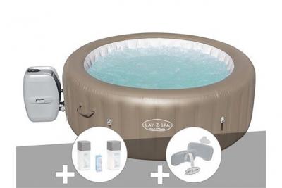 BESTWAY Kit spa gonflable  Lay-Z-Spa Palm Springs rond Airjet 4/6 places + Kit traitement brome + 2 appuie-t&ecirc;tes