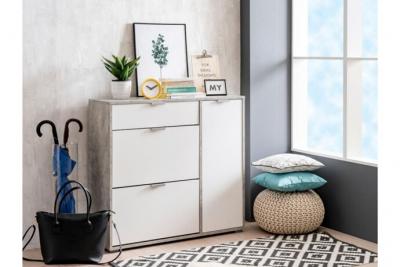 Meuble &agrave; chaussures ARIETTA - 2 compartiments, 1 porte & 1 tiroir - Coloris Blanc & b&eacute;ton