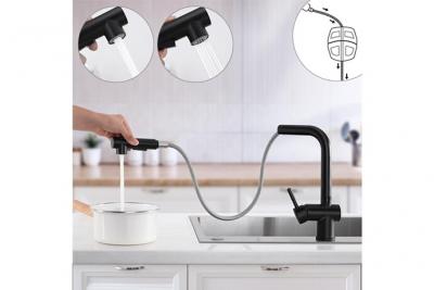 LONHEO Robinet Cuisine avec Douchette Extractible Noir, Mitigeur Cuisine avec Douchette &agrave; 2 Jets, Mitigeur Evier en Acier Inox Sans-Plom Pivotant &agrave; 360&deg;