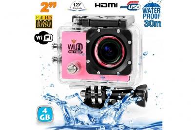 YONIS Camera embarqu&eacute;e sports wi-fi lcd caisson &eacute;tanche waterproof hd 12 mp rose 4 go 