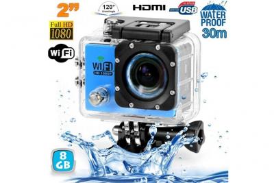 YONIS Camera Embarqu&eacute;e Sports Wi-Fi LCD Caisson &Eacute;tanche Waterproof Full HD Bleue 8 Go 