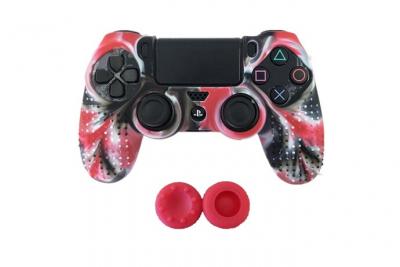 OEM Coque de protection en silicone avec 2 caps pour manette PS4/Slim/Pro - Camouflage rouge 