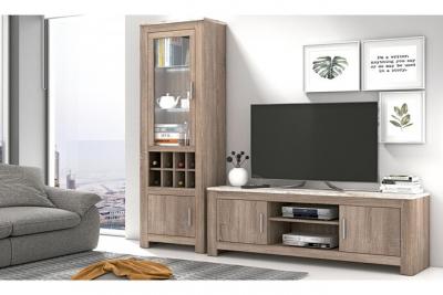  Ensemble de salon vitrine, meuble tv 2 portes coloris ch&ecirc;ne truff&eacute;, blanc vieilli