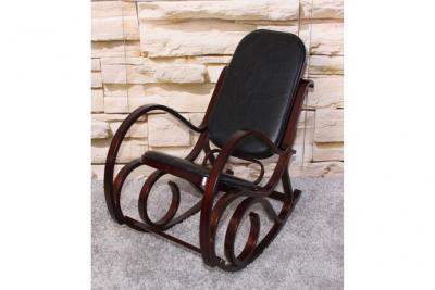DECOSHOP26 Fauteuil &agrave; bascule rocking chair en bois fonc&eacute; assise en cuir noir FAB04010