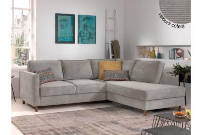 LISA DESIGN Canap&eacute; d'angle droit convertible 5 places Velours c&ocirc;tel&eacute; Gris clair