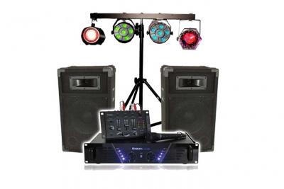 IBIZA SOUND Kit de sonorisation IBIZA DJ-300, complet avec 2 enceintes, amplificateur, table de mixage, Portique Lumi&egrave;res DJ, C&acirc;bles