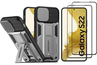 NOVAGO Compatible avec Samsung Galaxy S22 -Coque R&eacute;sistante magn&eacute;tique avec b&eacute;quille + 2 Films vitre Protection &eacute;cran Verre tremp&eacute; 