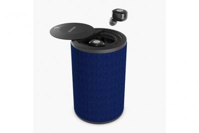 LEDWOOD Enceinte Sans Fil LD-ST-9-BLU Bluetooth 2 en 1 Avec Ecouteurs Int&eacute;gr&eacute;s Intra-Auriculaires Tissu Bleu
