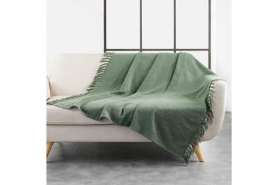 DOUCEUR D INTERIEUR Plaid uni &agrave; franges 100% coton tiss&eacute; - Vert kaki - 125 x 150 cm