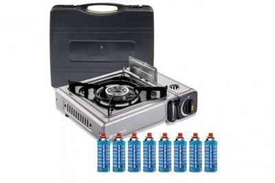 KEMPER R&eacute;chaud gaz portable INOX  allumage piezo + 8 cartouches gaz