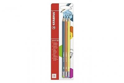 STABILO  pencil 160 - pack de 3 crayons graphite hb avec bout gomme - bleu ardoise orange jaune