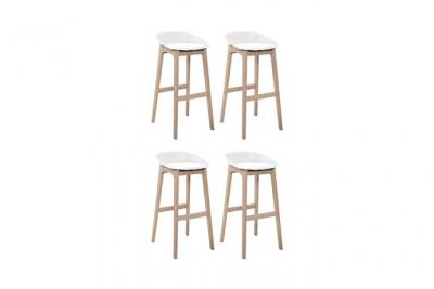 Tabourets d'ilot 75cm pieds ch&ecirc;ne assise plastique blanche - Lot de 4