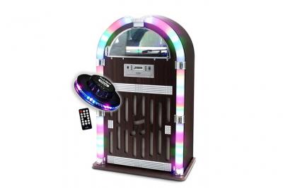 INOVALLEY Cha&icirc;ne Hifi Jukebox Retro 60W avec tourne disque vinyle Bluetooth, CD, FM + t&eacute;l&eacute;commande, Jeu de lumi&egrave;re OVNI LED