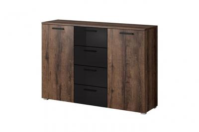Commode design 2 portes et 4 tiroirs 130cm. Collection floyd coloris ch&ecirc;ne fonc&eacute; et noir brillant
