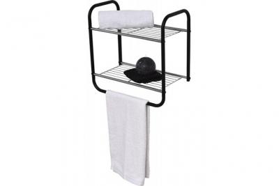 TENDANCE Etag&egrave;re murale 2 niveaux porte serviette m&eacute;tal - Noir - Noir et chrome