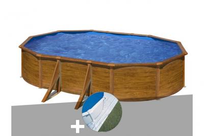 GRE Kit piscine acier aspect bois Gr&eacute; Pacific ovale 6,34 x 3,99 x 1,22 m + Tapis de sol