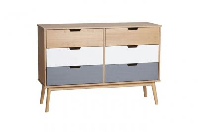 MARAS - Commode 6 Tiroirs Bois Massif, Blanc et Gris -