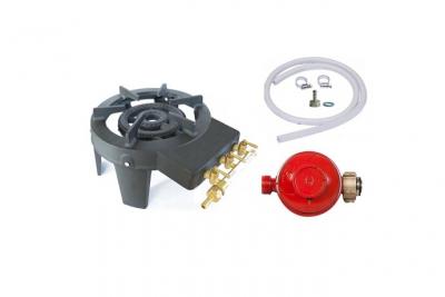 PROWELTEK Rechaud &agrave; gaz 9,8 kw Fonte v&eacute;ritable 4 pieds 2 bruleurs + Tuyau gaz flexible 1.50m + D&eacute;tendeur Propane triglav