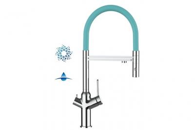 VIZIO Robinet de cuisine 4 voies chrom&eacute; bec turquoise orientable, douche 2 jets d&eacute;tachable VZBF218109