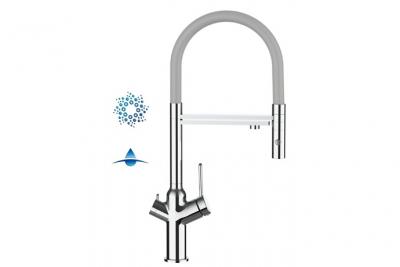 VIZIO Robinet de cuisine 4 voies chrom&eacute; bec gris orientable, douche 2 jets d&eacute;tachable VZBF218108