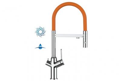 VIZIO Robinet de cuisine 4 voies chrom&eacute; bec orange orientable, douche 2 jets d&eacute;tachable VZBF218106