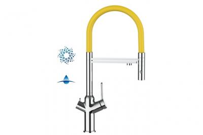 VIZIO Robinet de cuisine 4 voies chrom&eacute; bec jaune orientable, douche 2 jets d&eacute;tachable VZBF218105