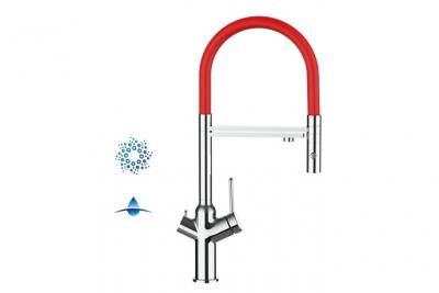 VIZIO Robinet de cuisine 4 voies chrom&eacute; bec rouge orientable, douche 2 jets d&eacute;tachable VZBF218103