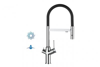 VIZIO Robinet de cuisine 4 voies chrom&eacute; bec noir orientable, douche 2 jets d&eacute;tachable VZBF218102