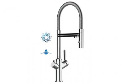 VIZIO Robinet de cuisine 4 voies chrom&eacute; bec orientable, douche 2 jets d&eacute;tachable VZBF218100