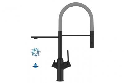 VIZIO Robinet de cuisine 4 voies noir mat bec gris orientable, douche 2 jets d&eacute;tachable VZBF218128
