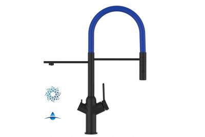 VIZIO Robinet de cuisine 4 voies noir mat bec bleu orientable, douche 2 jets d&eacute;tachable VZBF218124