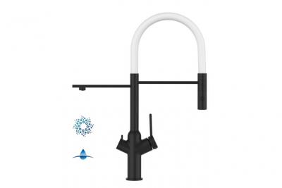 VIZIO Robinet de cuisine 4 voies noir mat bec blanc orientable, douche 2 jets d&eacute;tachable VZBF218121