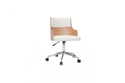 Chaise de bureau &agrave; roulettes design blanc, bois clair et acier chrom&eacute; mayol