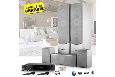 LTC AUDIO  Ensemble 5 enceintes E1004 Silver Hifi / Home-Cin&eacute;ma 850W Ltc + Ampli Atm8000 Karaoke 2 Micros - Usb/BT/FM / 4 x75W + 3